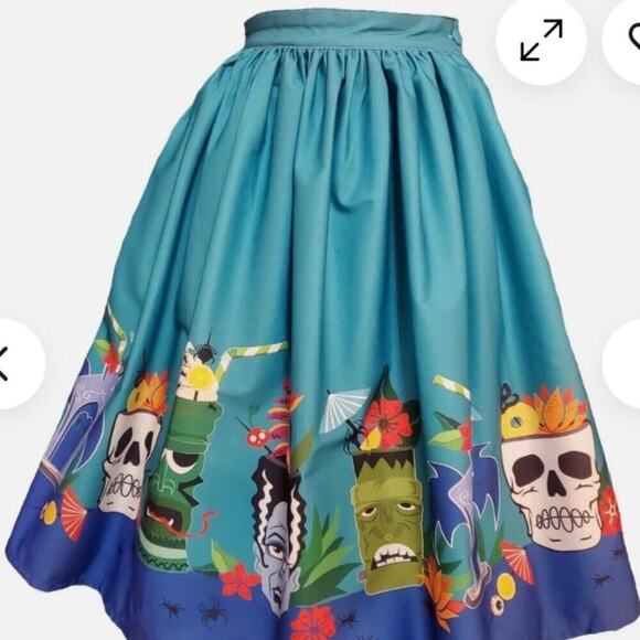 Unique Vintage X Tiki Monsters Wm's Geller Blue Swing Skirt 1950's Pin Up - Picture 2 of 10